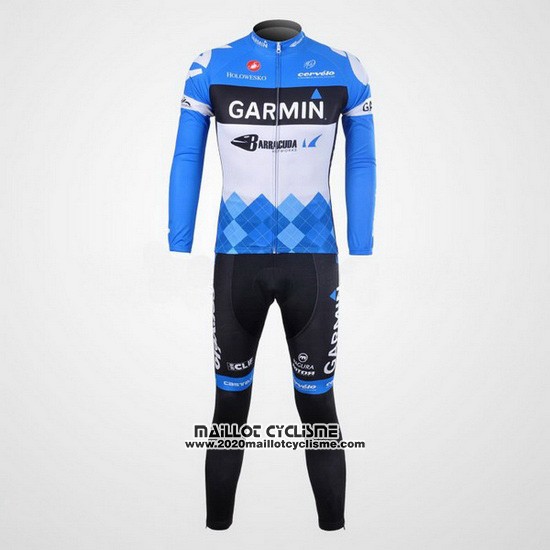2012 Maillot Ciclismo Garmin Cervelo Blanc et Azur Manches Longues et Cuissard